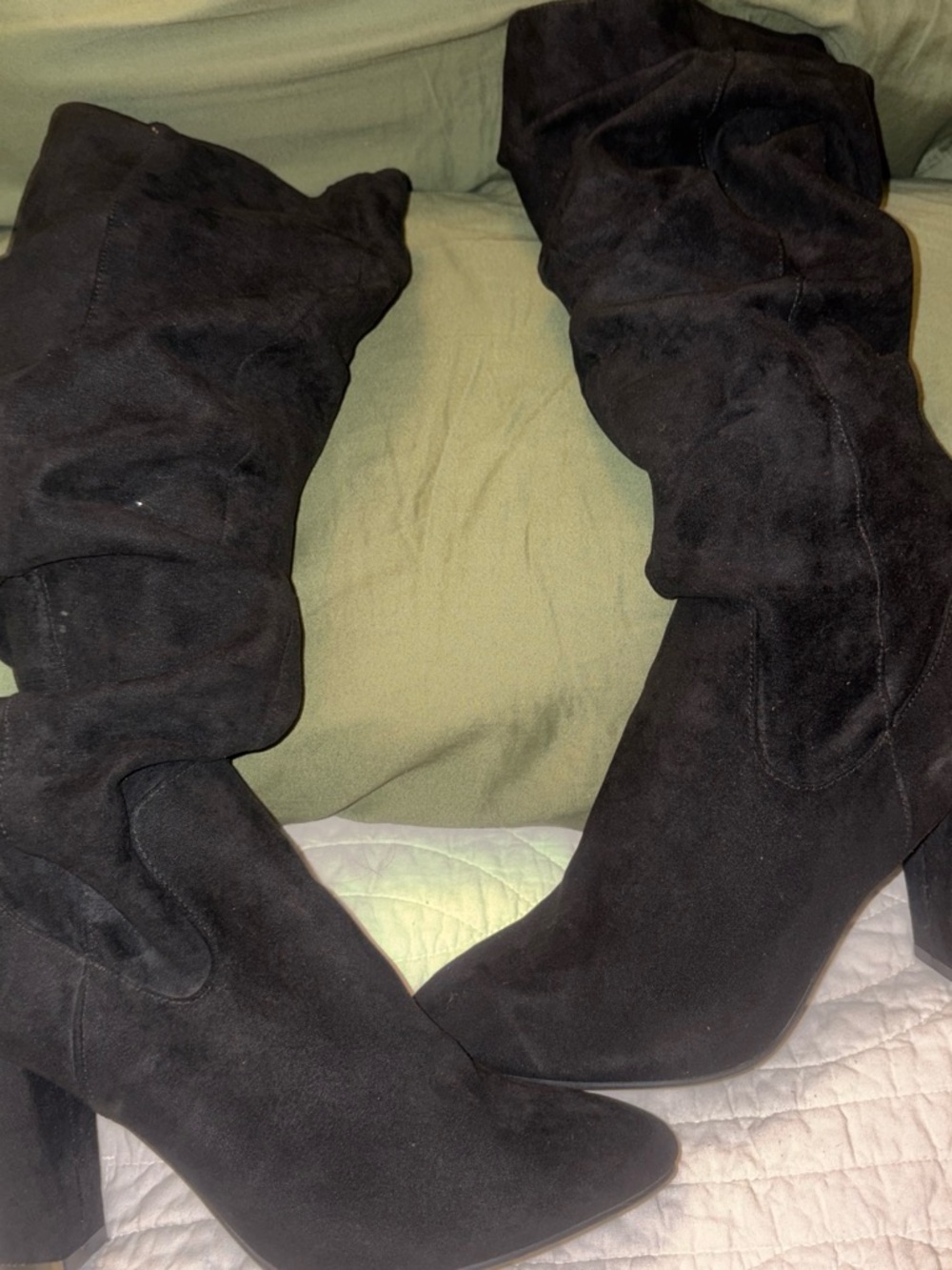 Size 10 Black Suede Slouchy Knee-High Heeled Boots